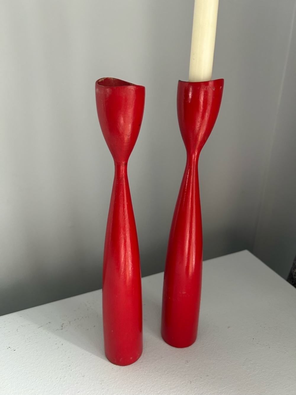VTG MCM Danish Red Wooden Taper Candle Holders - Set of 2